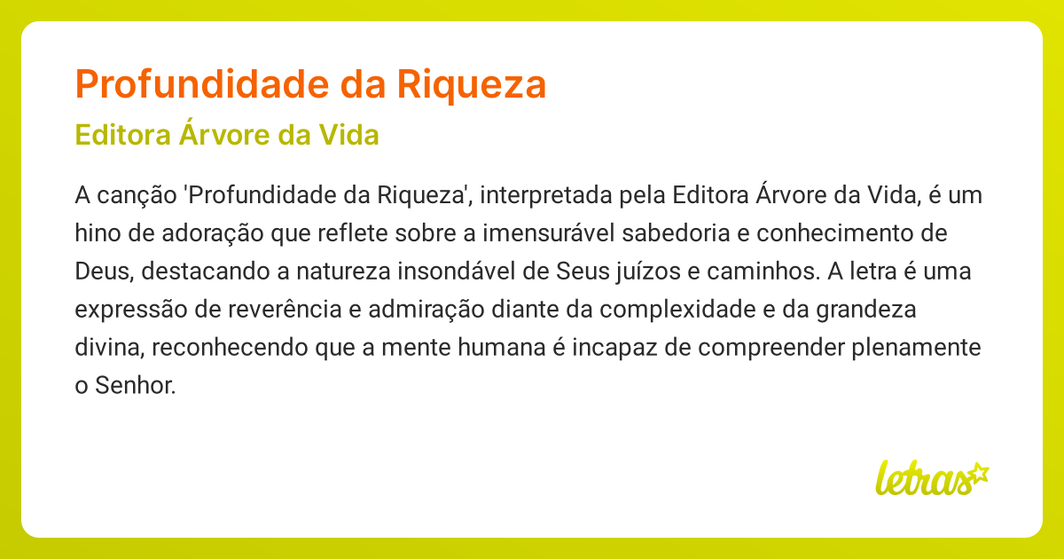 Significado da música PROFUNDIDADE DA RIQUEZA (Editora Árvore da Vida ...