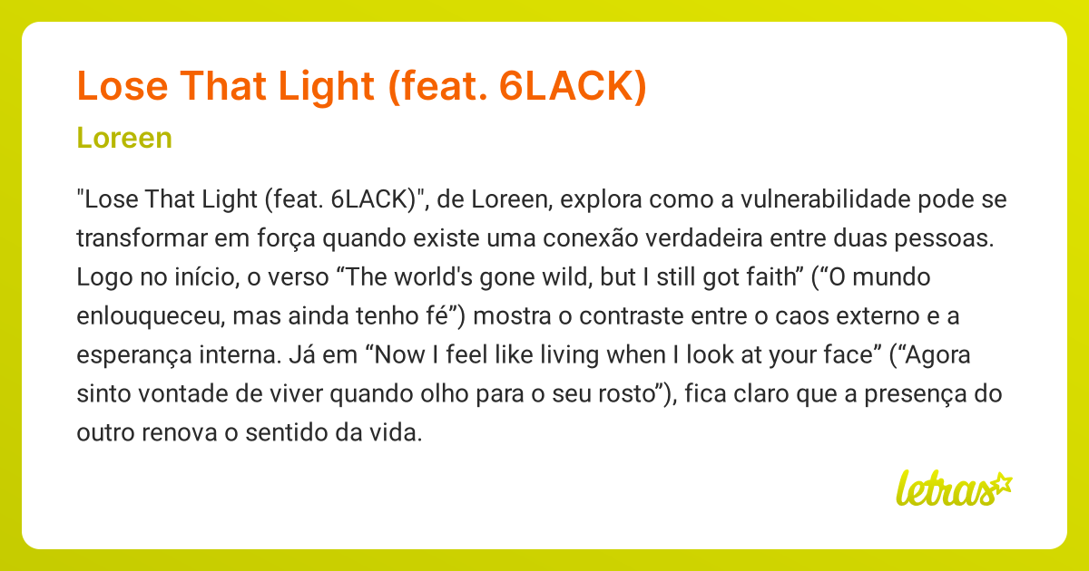 Significado da música LOSE THAT LIGHT (FEAT. 6LACK) (Loreen) - LETRAS ...