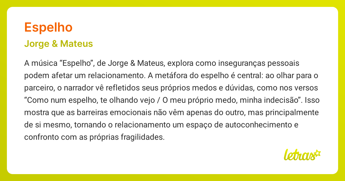 Significado da música ESPELHO (Jorge & Mateus) - LETRAS.MUS.BR