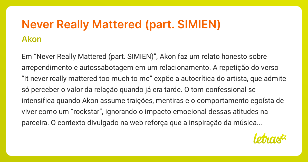 Significado da música Never Really Mattered (part. SIMIEN) (Akon ...