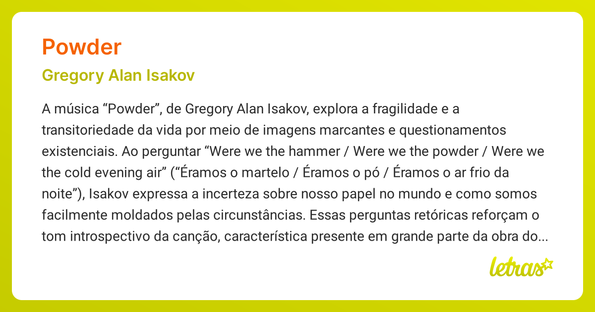Significado da música POWDER (Gregory Alan Isakov) - LETRAS.MUS.BR