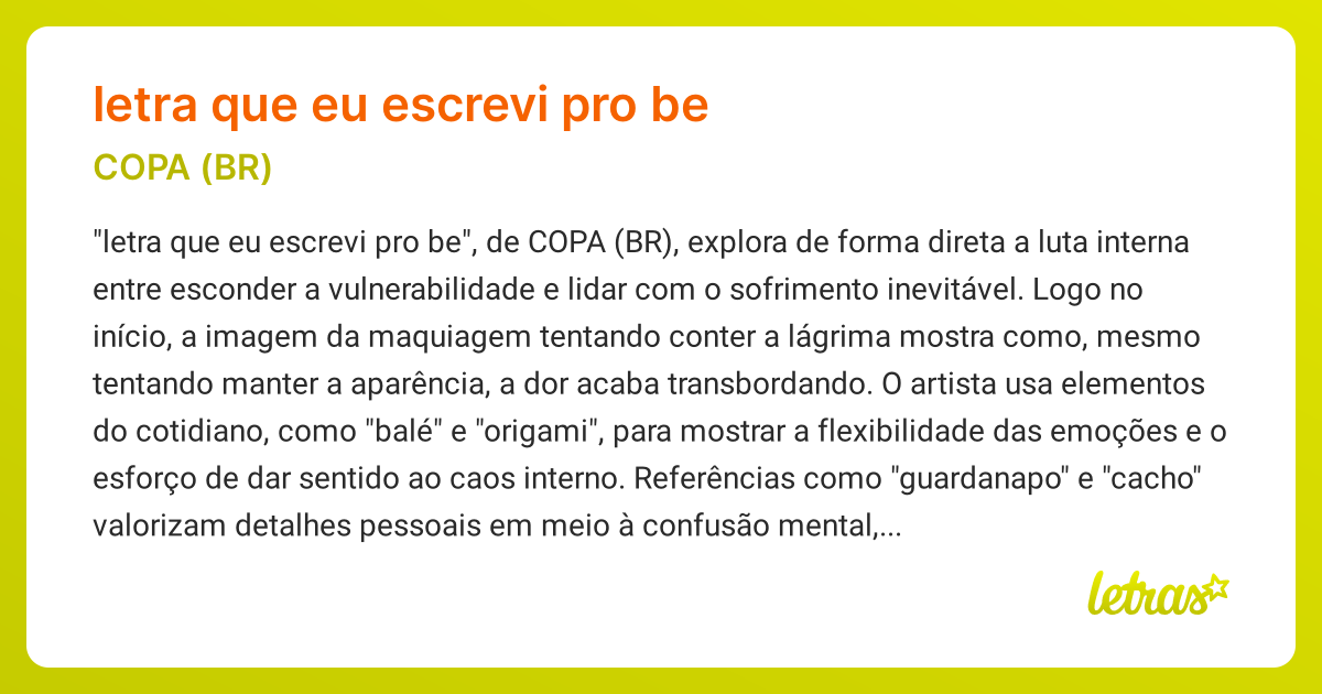 Significado da música LETRA QUE EU ESCREVI PRO BE (COPA (BR)) - LETRAS ...