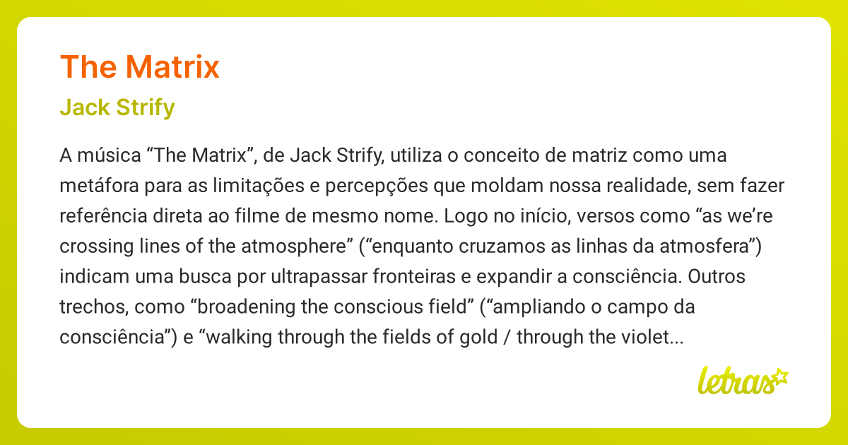 Significado da música THE MATRIX (Jack Strify) - LETRAS.MUS.BR
