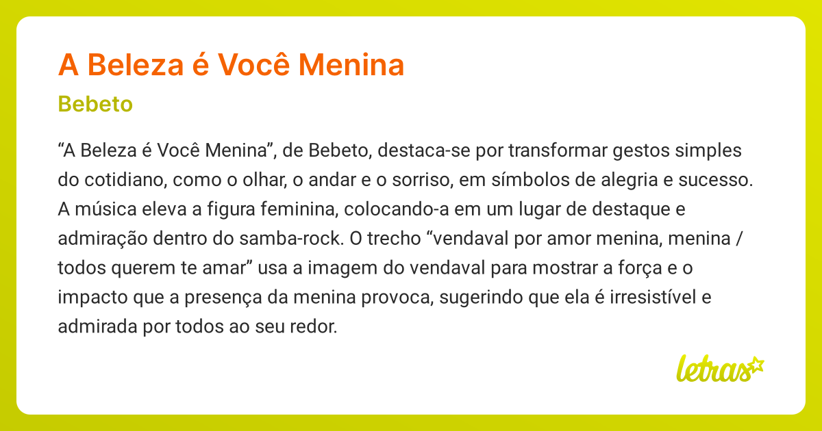 Significado da música A BELEZA É VOCÊ MENINA (Bebeto) - LETRAS.MUS.BR