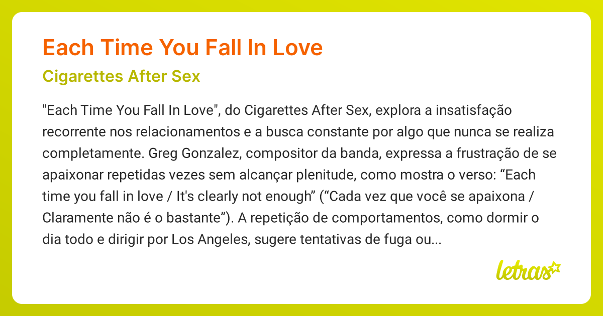 falling in love lyrics cigarettes meaning Significado da música EACH TIME YOU FALL IN LOVE (Cigarettes After Sex)