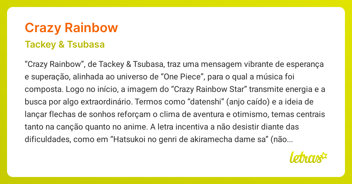 Significado da música CRAZY RAINBOW (Tackey & Tsubasa) - LETRAS.MUS.BR