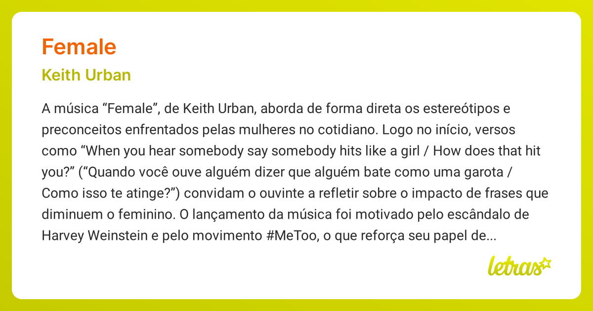 Significado da música FEMALE (Keith Urban) - LETRAS.MUS.BR