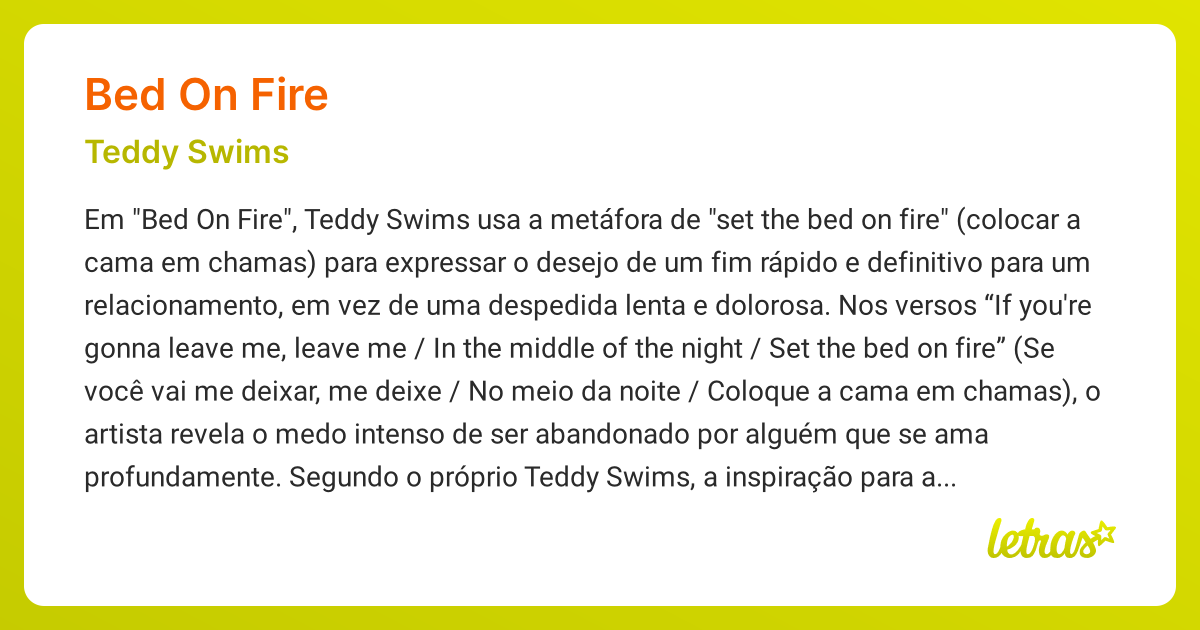 Significado da música BED ON FIRE (Teddy Swims) LETRAS.MUS.BR