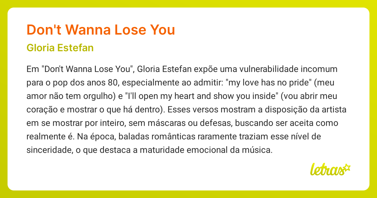 Significado da música DON'T WANNA LOSE YOU (Gloria Estefan) - LETRAS.MUS.BR