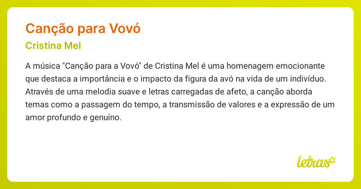 Significado da música CANÇÃO PARA VOVÓ (Cristina Mel) - LETRAS.MUS.BR