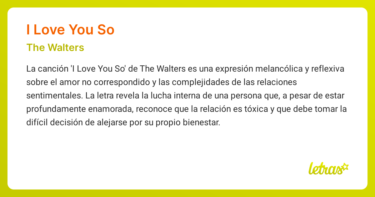 Significado de la canción I LOVE YOU SO (The Walters) - LETRAS.COM