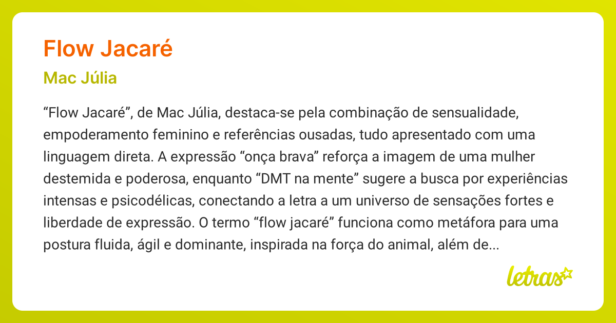 Significado da música FLOW JACARÉ (Mac Júlia) - LETRAS.MUS.BR