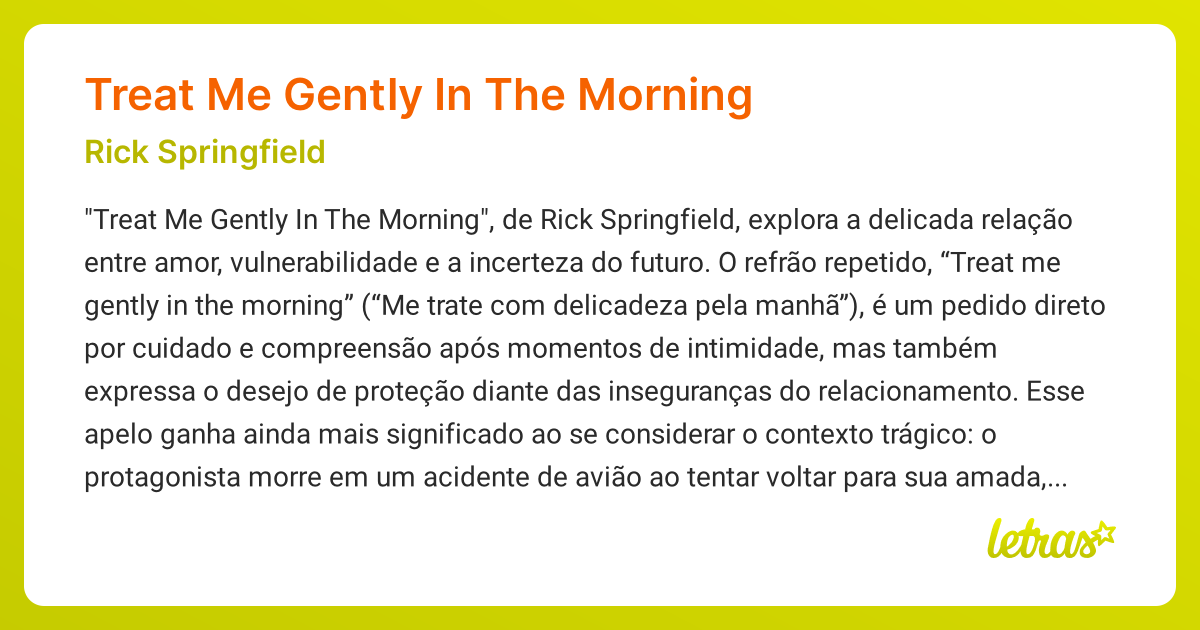 Significado da música TREAT ME GENTLY IN THE MORNING (Rick Springfield ...
