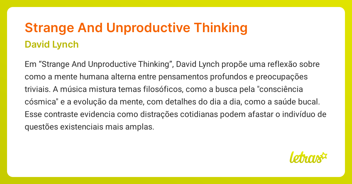 Significado da música Strange And Unproductive Thinking (David Lynch ...