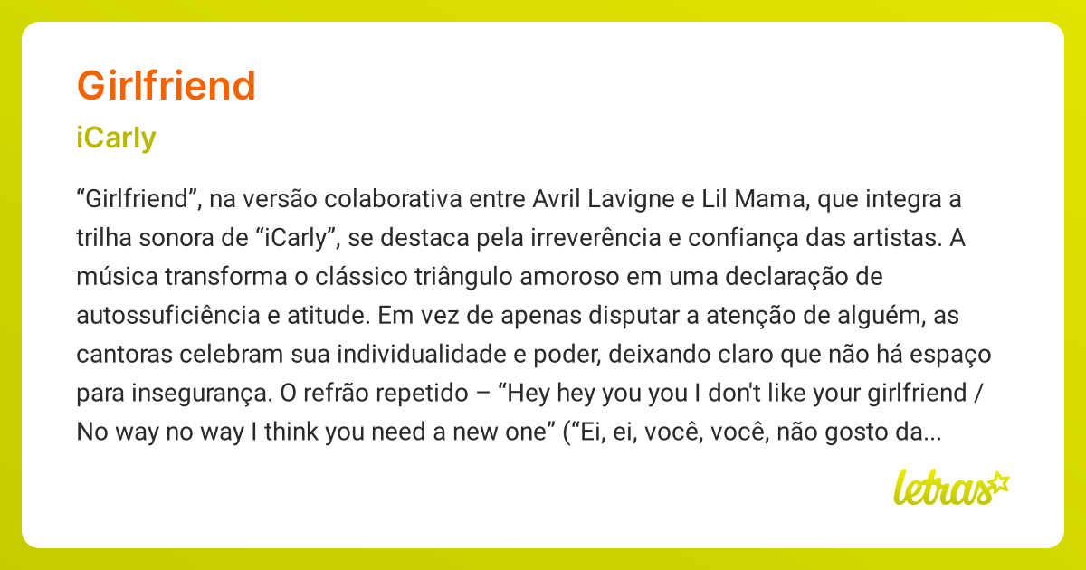 Significado da música GIRLFRIEND (iCarly) - LETRAS.MUS.BR