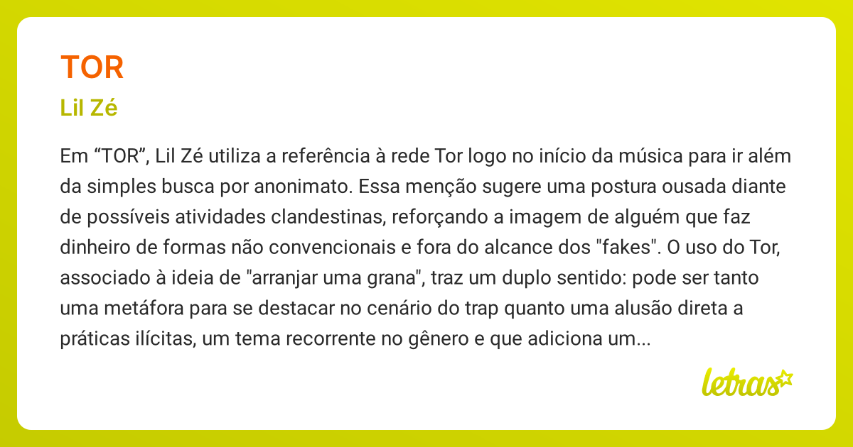 Significado da música TOR (Lil Zé) - LETRAS.MUS.BR