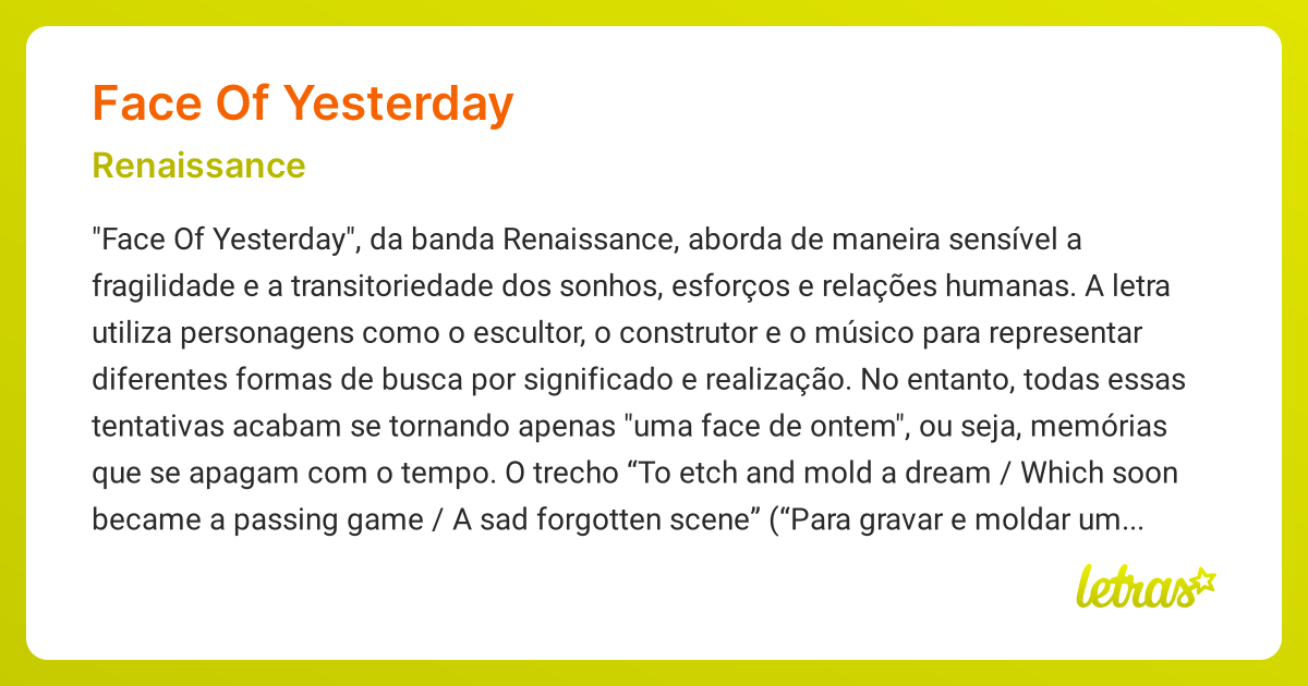 Significado da música FACE OF YESTERDAY (Renaissance) - LETRAS.MUS.BR