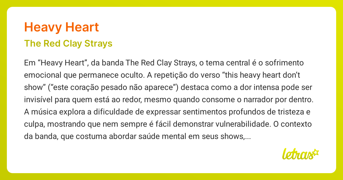 Significado da música HEAVY HEART (The Red Clay Strays) - LETRAS.MUS.BR