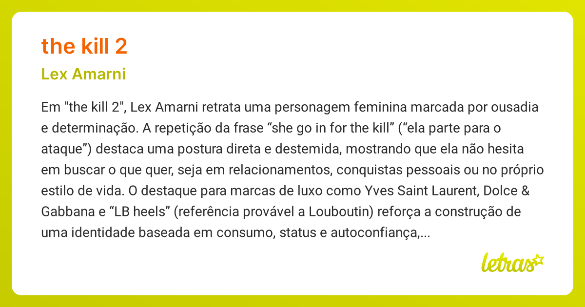 Significado da música THE KILL 2 (Lex Amarni) - LETRAS.MUS.BR