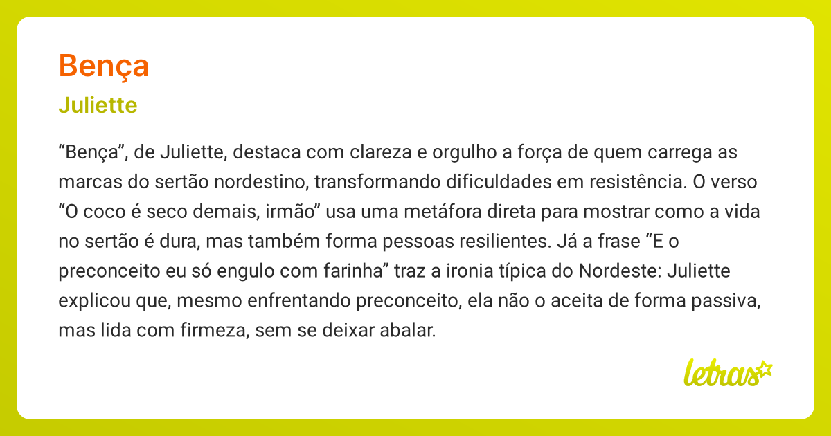 Significado da música BENÇA (Juliette) - LETRAS.MUS.BR