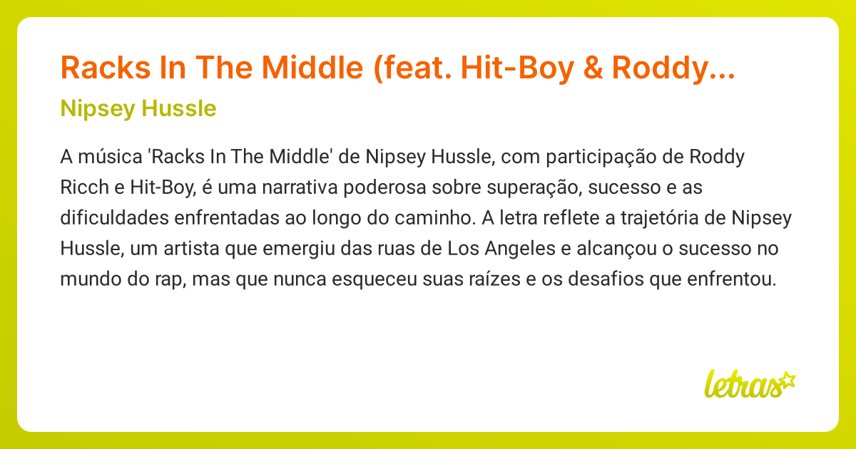 Significado da música Racks In The Middle (feat. HitBoy & Roddy Ricch) (Nipsey Hussle) LETRAS