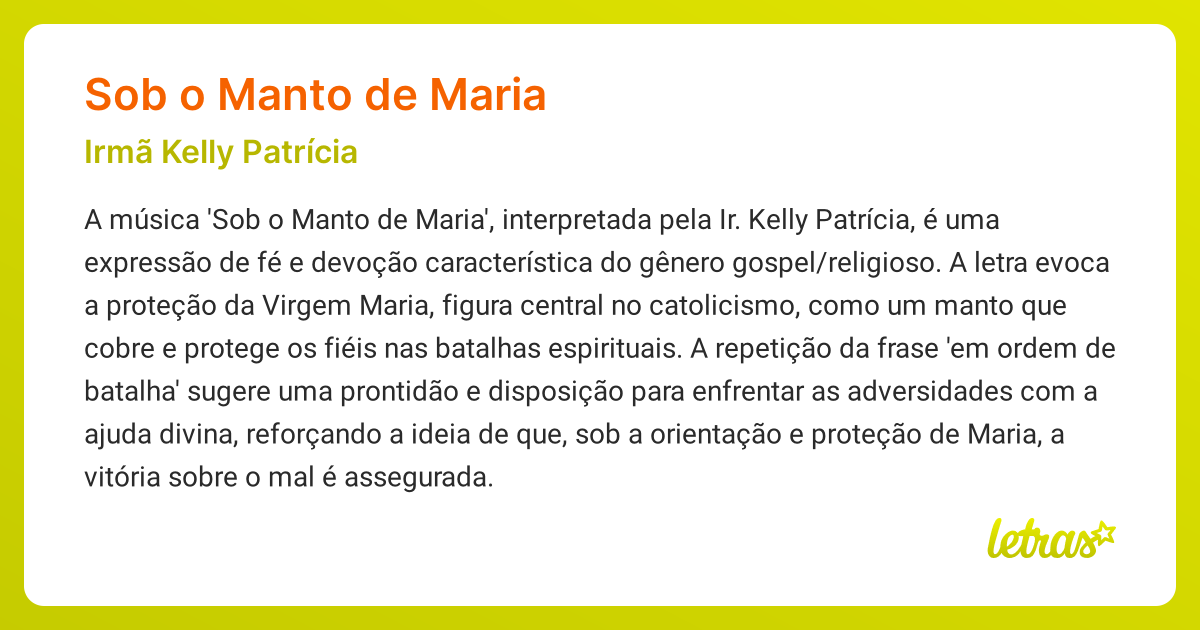 Significado da música SOB O MANTO DE MARIA (Irmã Kelly Patrícia ...
