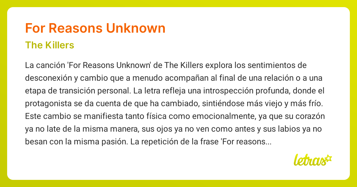 Significado de la canción FOR REASONS UNKNOWN (The Killers) - LETRAS.COM