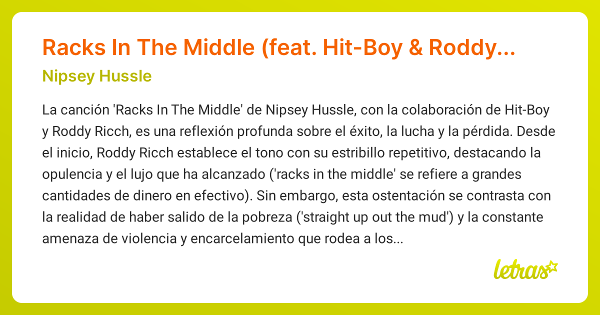 Significado de la canción Racks In The Middle (feat. HitBoy & Roddy