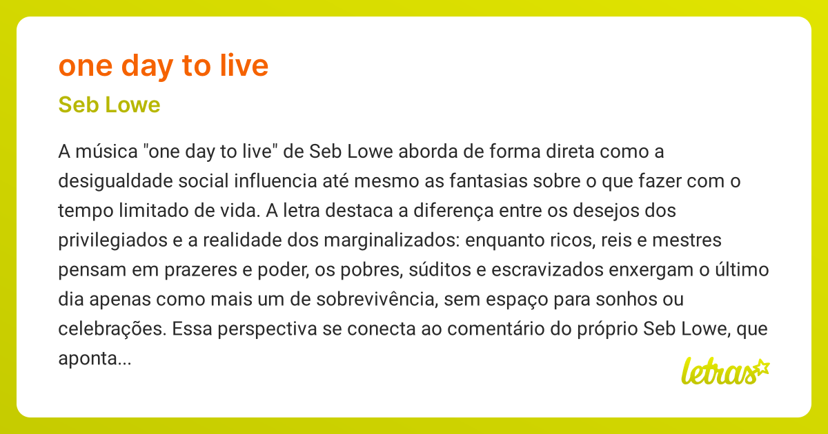 Significado da música ONE DAY TO LIVE (Seb Lowe) - LETRAS.MUS.BR
