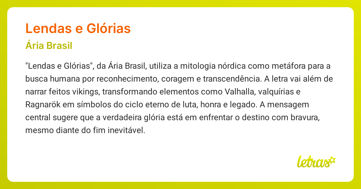 Significado da música LENDAS E GLÓRIAS (Ária Brasil) - LETRAS.MUS.BR