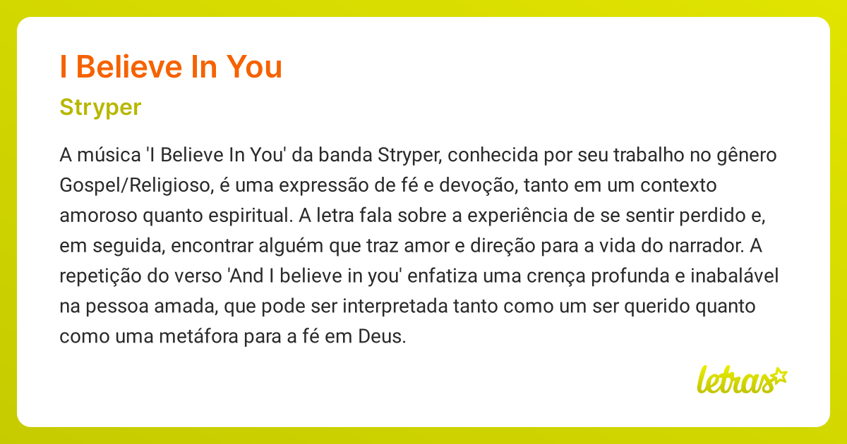 Significado da música I BELIEVE IN YOU (Stryper) - LETRAS.MUS.BR
