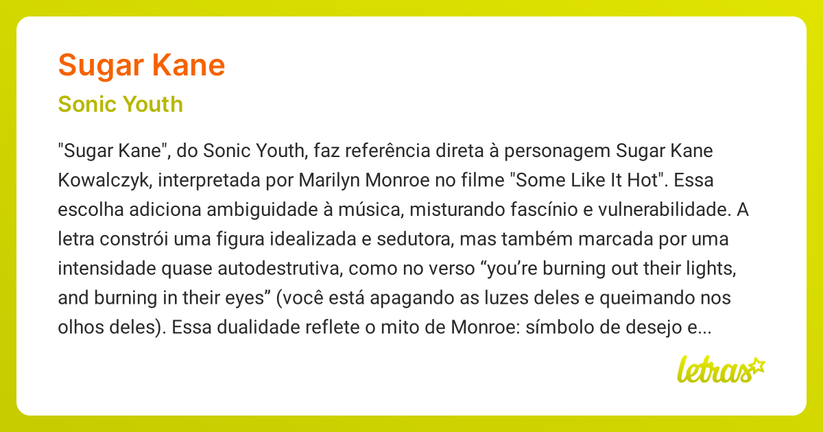 Significado da música SUGAR KANE (Sonic Youth) LETRAS.MUS.BR