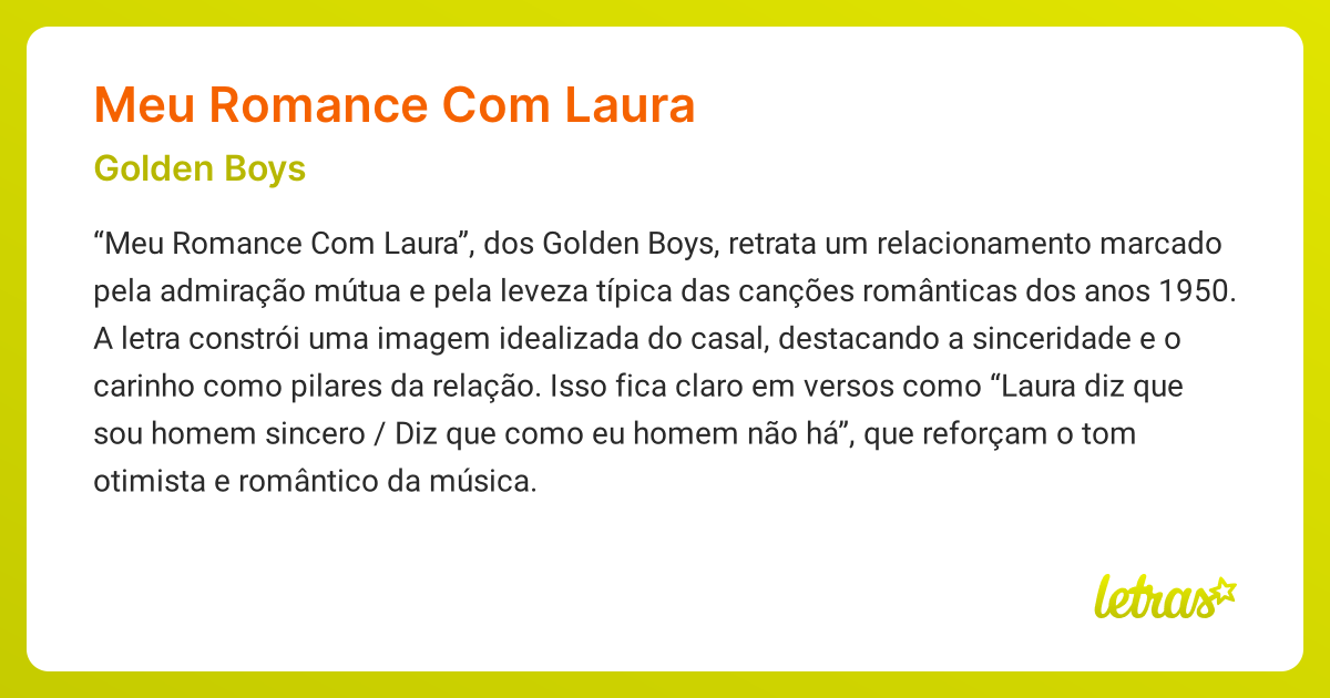 Significado da música MEU ROMANCE COM LAURA (Golden Boys) - LETRAS.MUS.BR