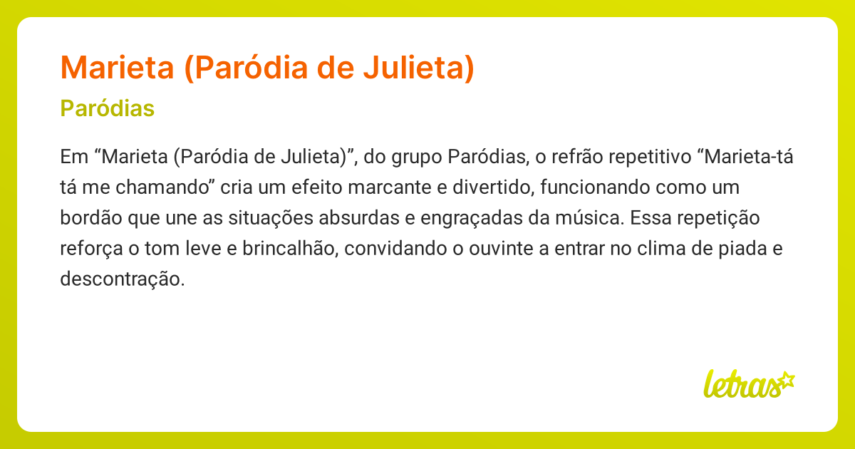 Significado da música MARIETA (PARÓDIA DE JULIETA) (Paródias) - LETRAS ...
