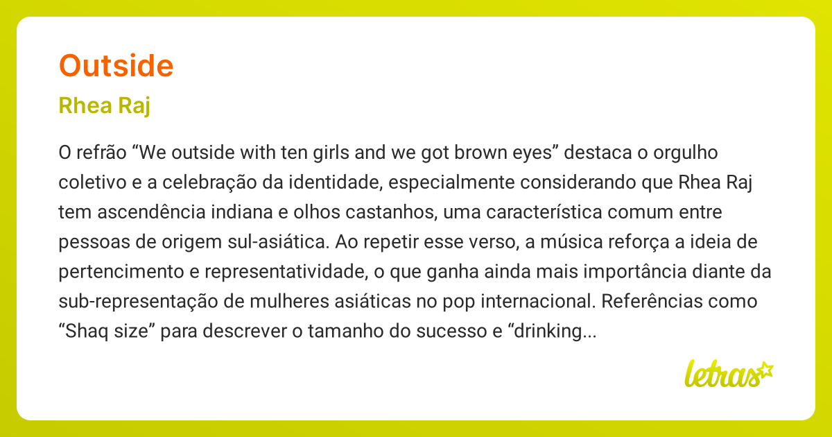 Significado da música OUTSIDE (Rhea Raj) - LETRAS.MUS.BR