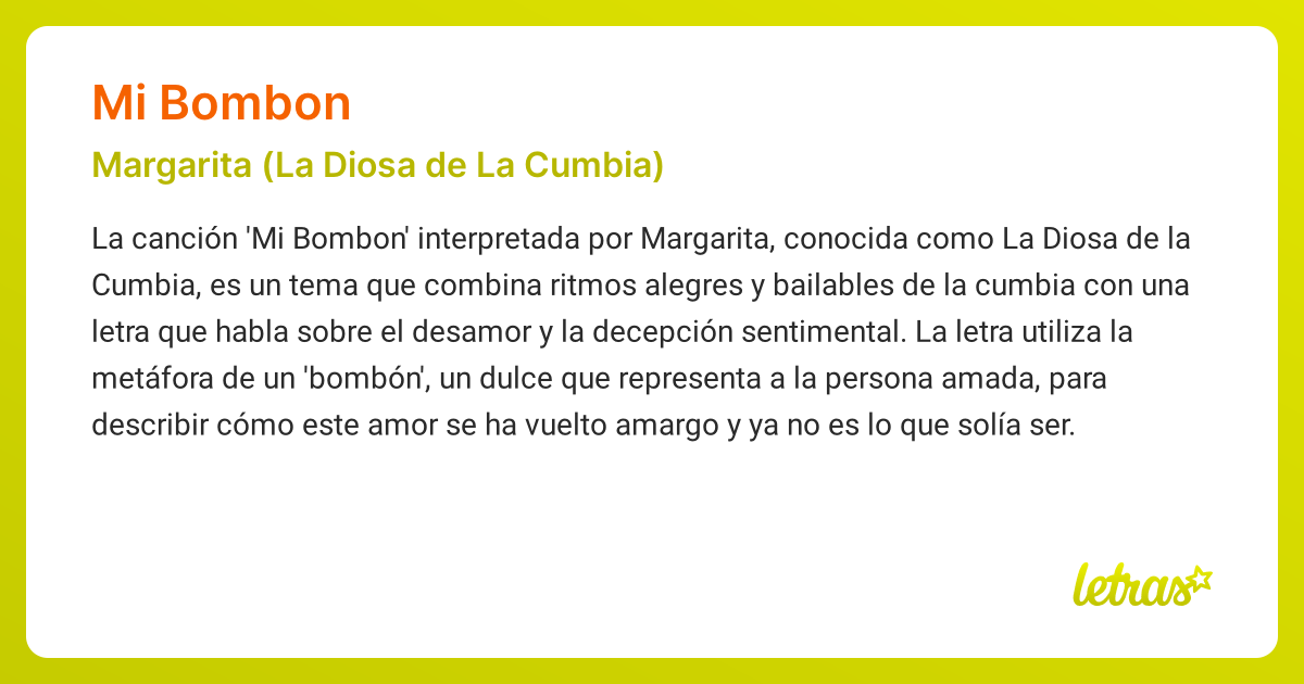 Significado de la canción MI BOMBON (Margarita (La Diosa de La Cumbia ...