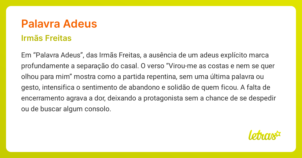 Significado da música PALAVRA ADEUS (Irmãs Freitas) - LETRAS.MUS.BR