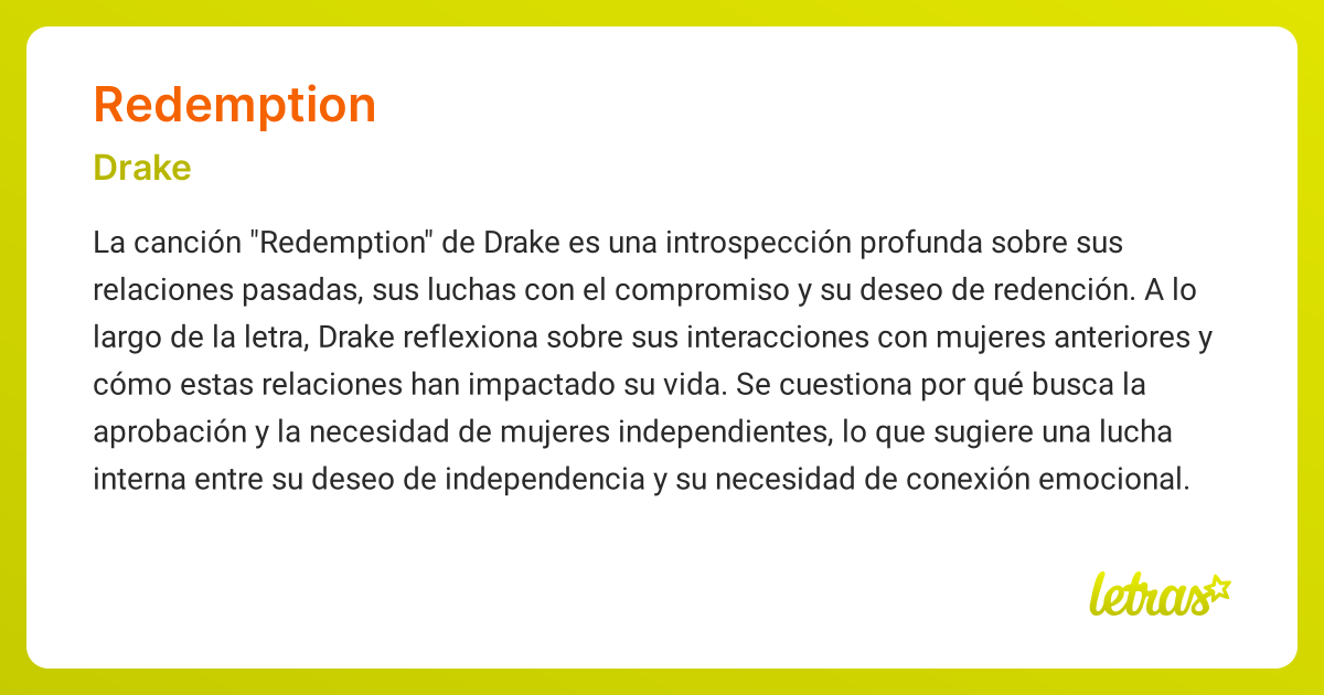 Significado de la canción REDEMPTION (Drake) - LETRAS.COM