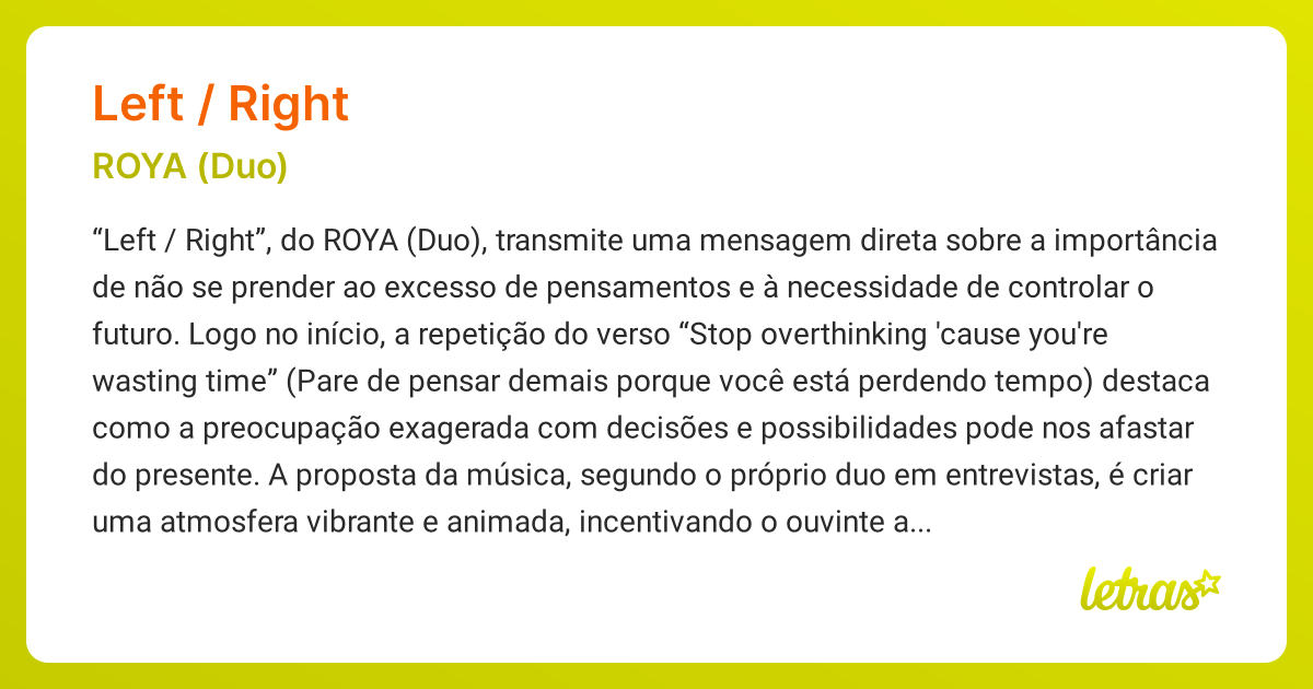 Significado da música LEFT / RIGHT (ROYA (Duo)) - LETRAS.MUS.BR
