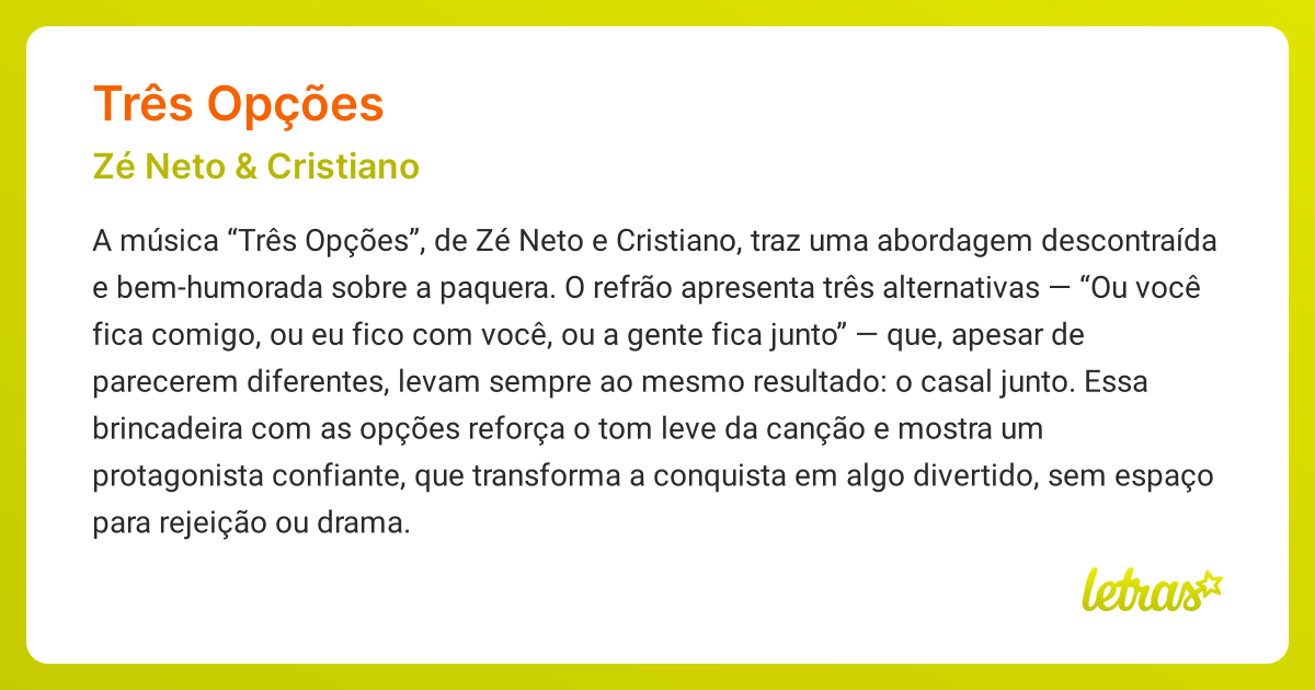 Significado da música TRÊS OPÇÕES (Zé Neto & Cristiano) - LETRAS