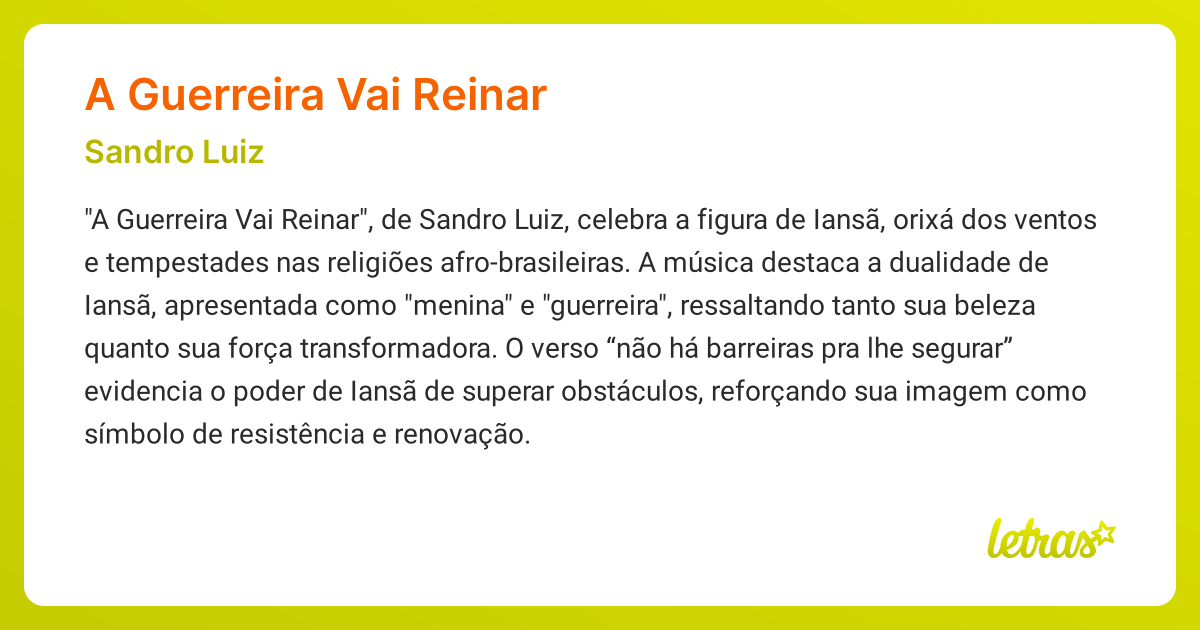 Significado da música A GUERREIRA VAI REINAR (Sandro Luiz) - LETRAS.MUS.BR