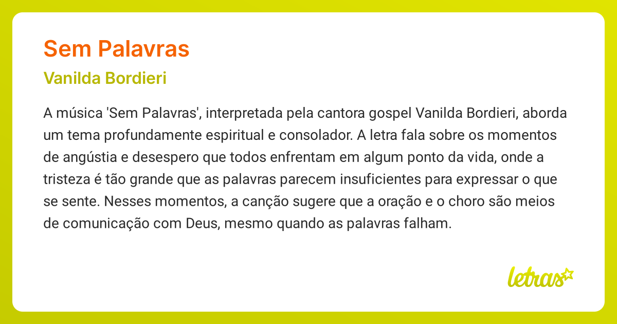 Significado da música SEM PALAVRAS (Vanilda Bordieri) - LETRAS.MUS.BR
