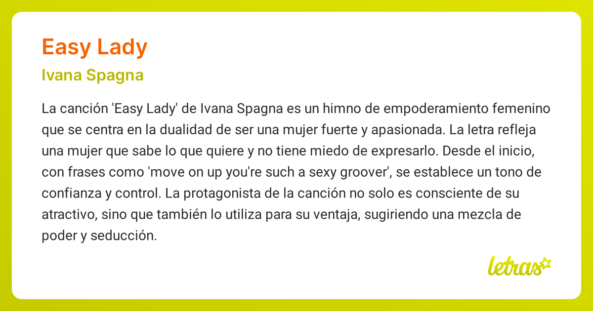 Significado de la canción EASY LADY (Ivana Spagna) - LETRAS.COM