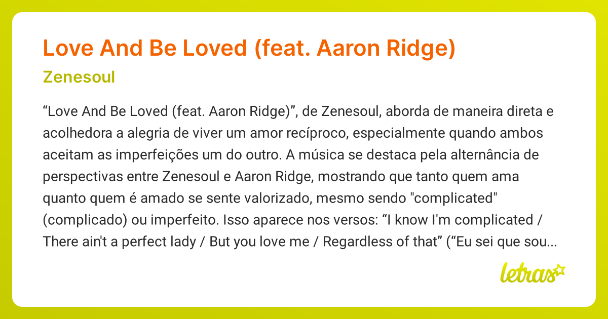 Significado da música Love And Be Loved (feat. Aaron Ridge) (Zenesoul ...