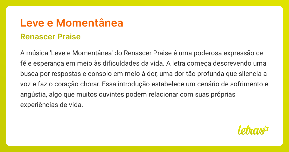 Significado da música LEVE E MOMENTÂNEA (Renascer Praise) - LETRAS.MUS.BR