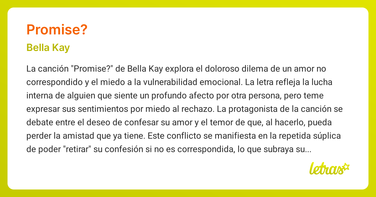 Significado de la canción PROMISE? (Bella Kay) - LETRAS.COM