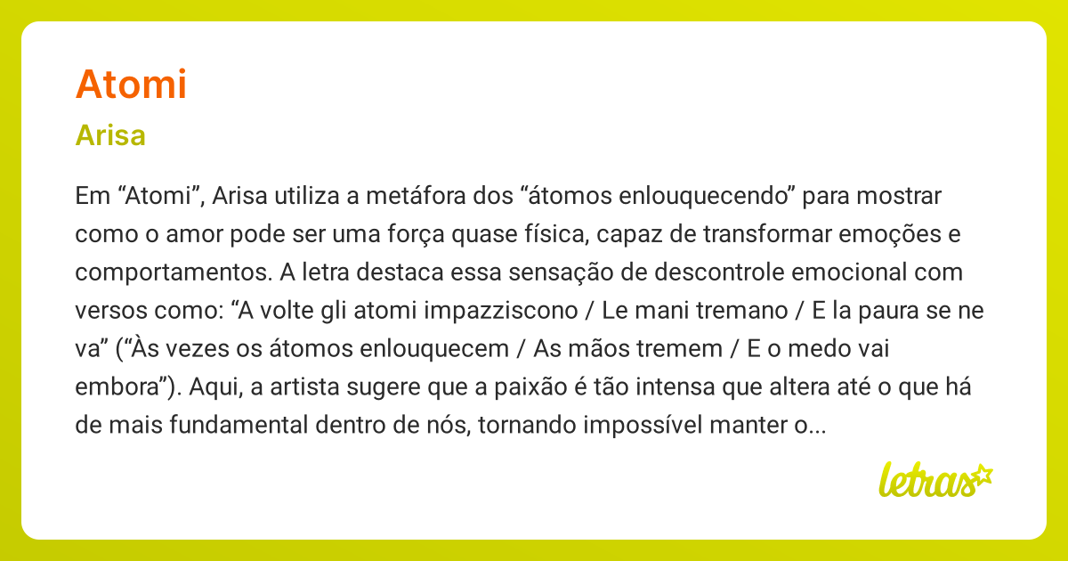 Significado da música ATOMI (Arisa) - LETRAS.MUS.BR