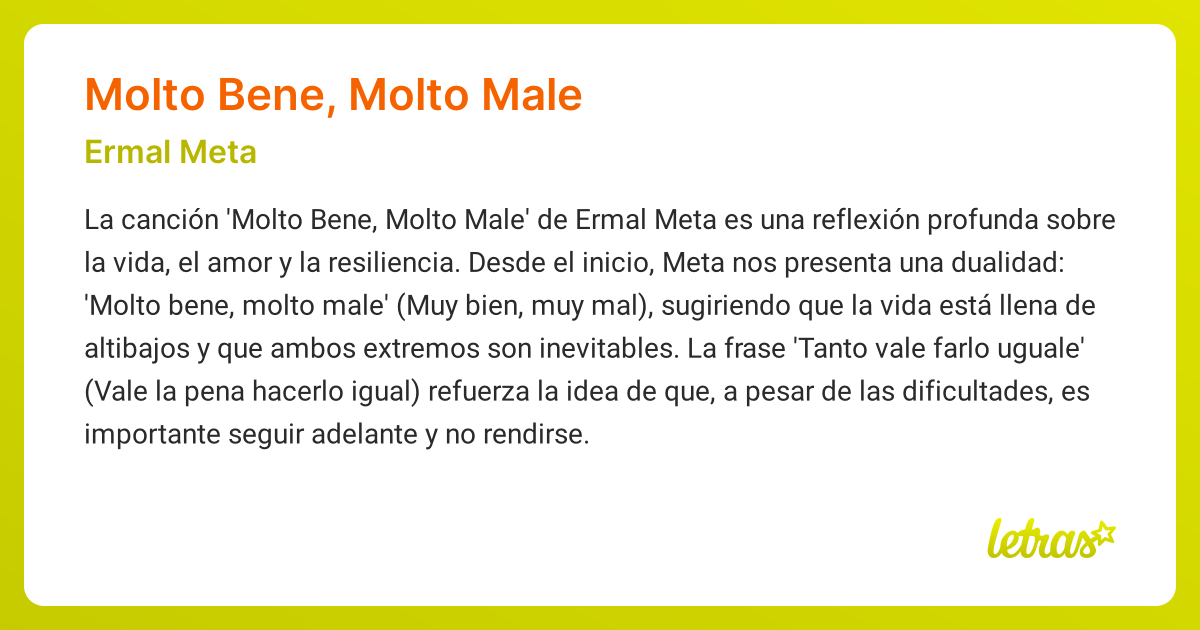 Significado de la canción MOLTO BENE, MOLTO MALE (Ermal Meta) - LETRAS.COM