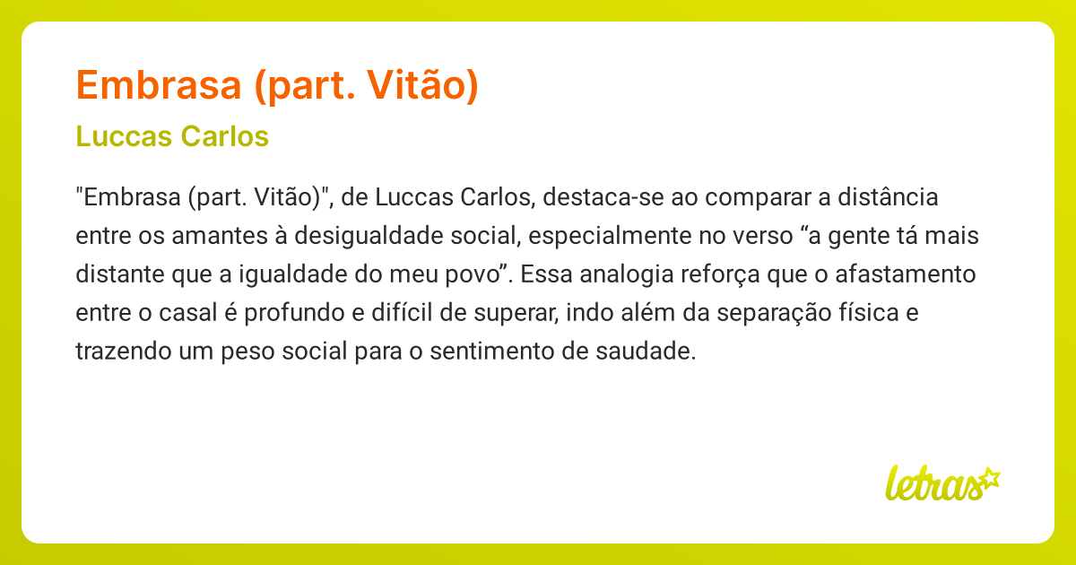 Significado da música EMBRASA (PART. VITÃO) (Luccas Carlos) - LETRAS.MUS.BR