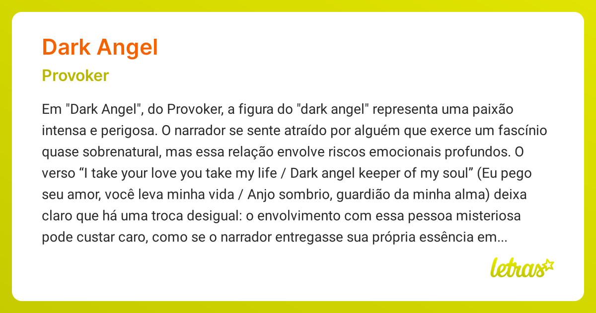 Significado da música DARK ANGEL (Provoker) LETRAS.MUS.BR